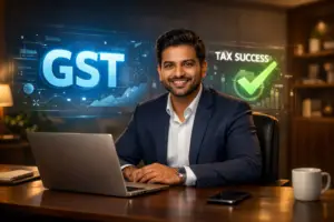 Online GST Registration process for Indian business on laptop.